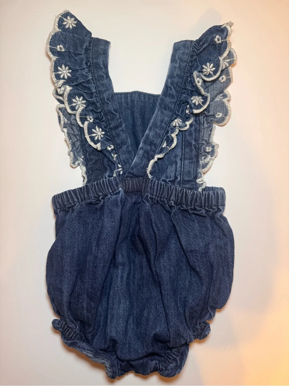 Old Navy Baby Denim Ruffle Floral Embroidered Bubble Romper